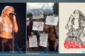 Triptych of singer Shakira in concert, group of children protesting detention of child migrants and Poster of Jenifer Lopez concert.