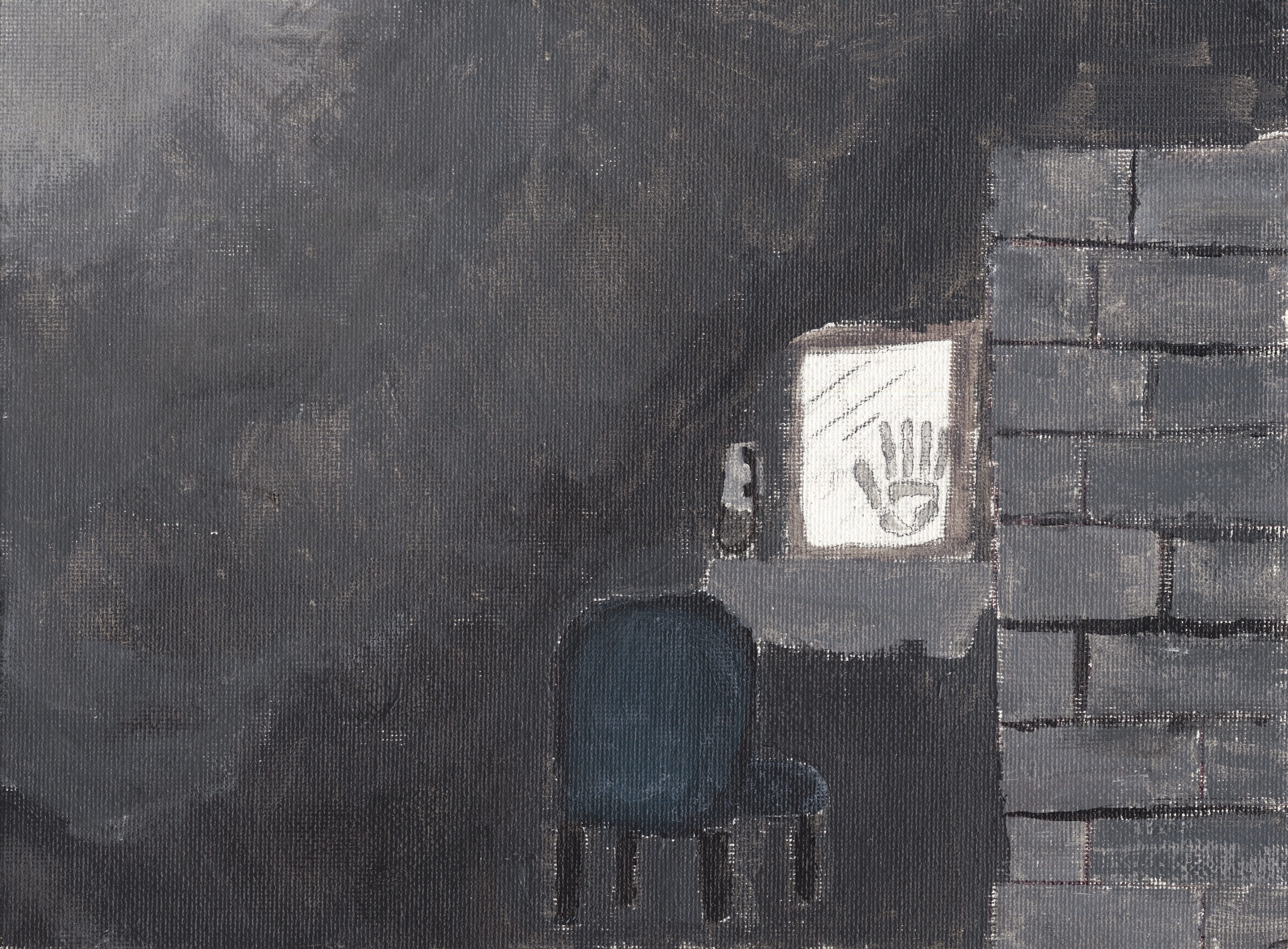 Painting of a dark gray room and blue chair facing a glass window with handprint on it.