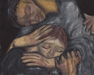 Painting of parent embracing child in dark place and dressed in grays.