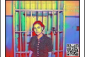 multicolored image of Emma Tenayuca standing outside jail cell with QR code in corner