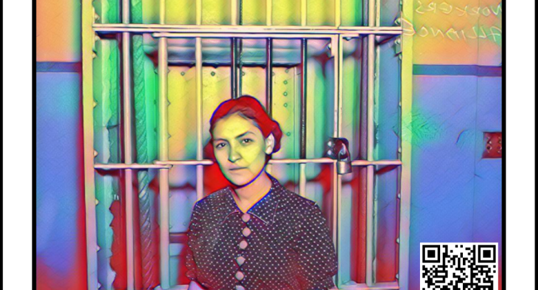 multicolored image of Emma Tenayuca standing outside jail cell with QR code in corner