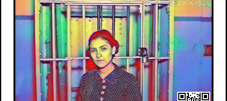 multicolored image of Emma Tenayuca standing outside jail cell with QR code in corner