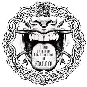image of open mouth with tongue inscribed with message with QR code on top