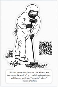 person wearing hazmat suit cleaning up debris with quote by Frances Quintana at the bottom and QR code on side