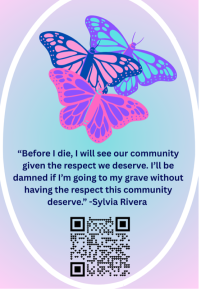 butterflies above quote from Sylvia Rivera with QR code on bottom